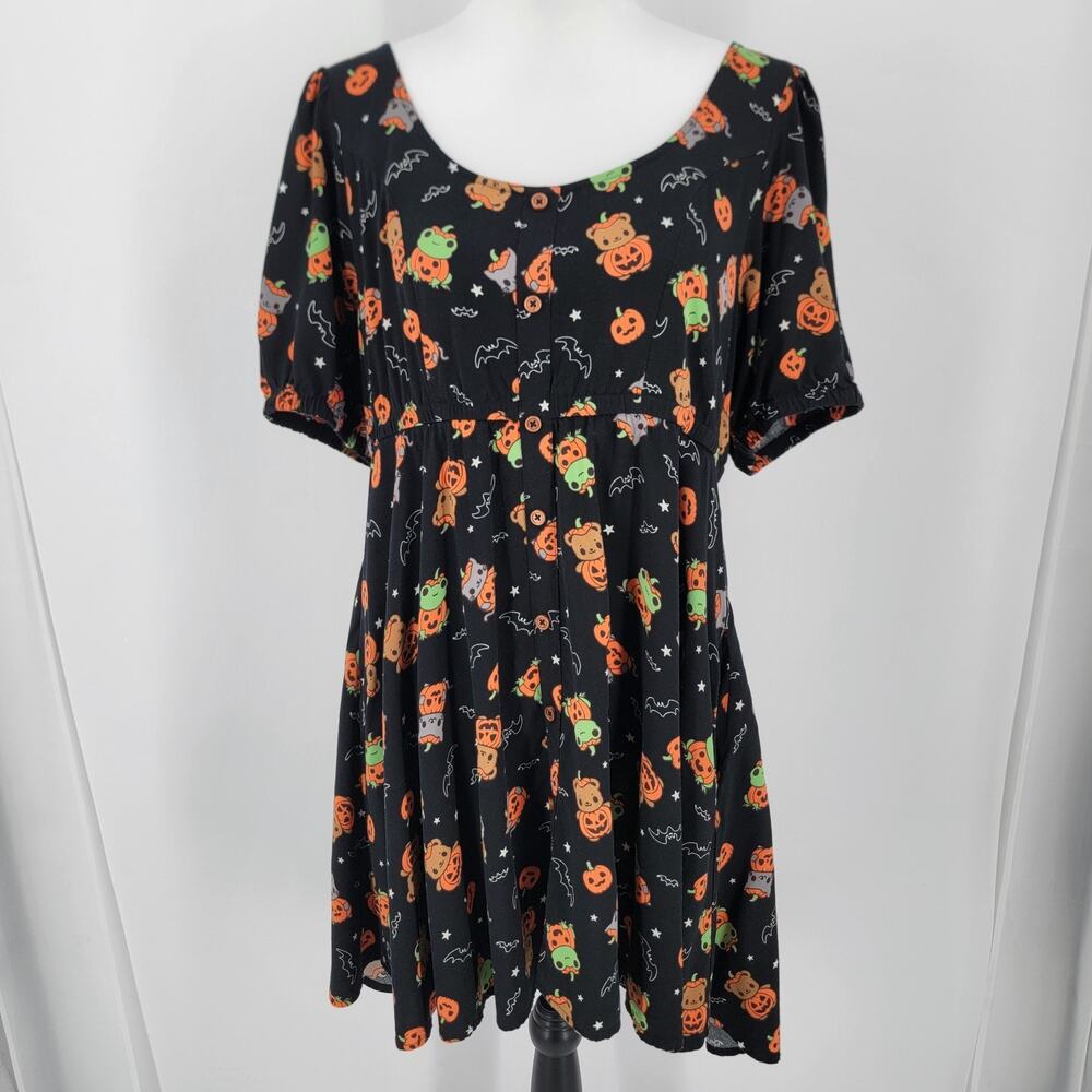 Sweet Society Babydoll Dress XL Black Bear Frog Bat Pumpkin Print Rayon Flaw